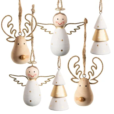 Produktbild von 6 Holz Weihnachtsbaumanhänger Engel Baum Rentier 8 cm Gold