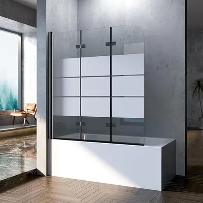 Produktbild von Gestreift Duschwand für Badewanne Faltbar, Duschwand für Badewanne 140x140cm 3-teilig Schwarz Duschtrennwand für Badewanne Duschabtrennung Badewanne Badewannenaufsatz 6mm ESG Sicherheitsglas