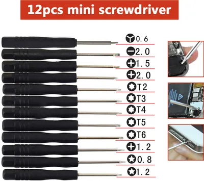 A set of 12 mini screwdrivers with their corresponding sizes and types labeled.