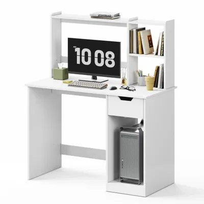 Image de Bureau Mondeer avec support d'écran réglable en hauteur, tiroir et 2 étagères Bureau blanc pour bureau à domicile 105 x 50 x 125 cm