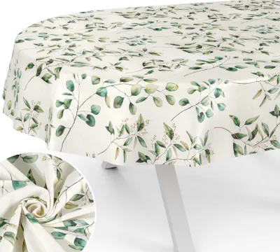 Produktbild von Tischdecke Botanik aus Textil mit Blumen Pflanzen wasserabweisend Tischtuch Tischwäsche Aquarell Beige Oval Breite 140cm Länge 160cm mit Schnittkante