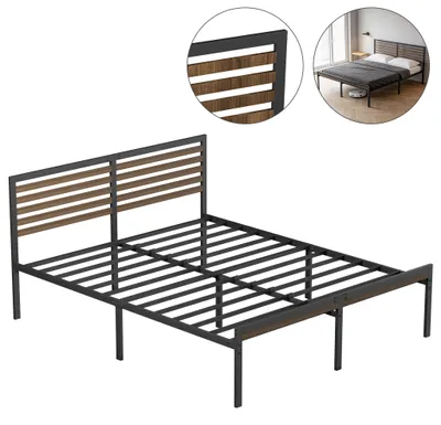 Zdjęcie produktu dla Łóżko metalowe XMTECH 140x200 cm, czarne, imitujące drewno – stabilne łóżko dwuosobowe z pojemnikiem na pościel (wysokość 32 cm), cichy stelaż metalowy i nowoczesny design