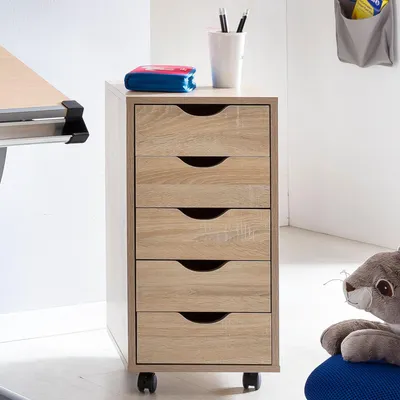 Immagine prodotto di FineBuy Contenitore a rotelle per bambini, modello Sonoma, 33 x 64 x 38 cm, in legno, con 5 cassetti. Contenitore moderno con rotelle, ideale per l'ufficio o la cameretta