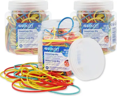 Produktbild von Westcott Gummibänder 80g (3er-Set) | 3 x ca. 170 Bunte Gummiringe verschiedene Größen in Kunstoffbehälter | Vorratspack Haushaltsgummis ⌀ 60mm, 50mm, 38mm | Mind. 60% Naturkautschuk | E-110581 00
