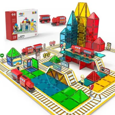 Produktbild von Magnetische Bausteine Zugset, Montessori Spielzeug 112pcs, Magnetic Tiles Kinder, Magnetbausteine, Zug Konstruktionsspielzeug Ab 3 Jahre, Magna, Olvy