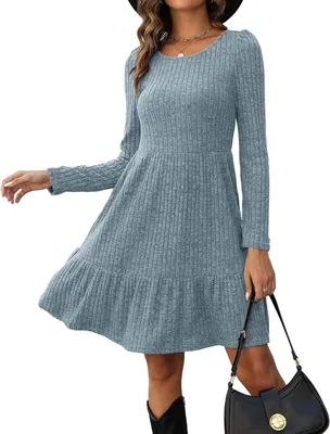 Produktbild von Gestricktes Damenkleid mit langen Ärmeln, Tunika-Modell in einfarbigem Blau, dehnbar und weich