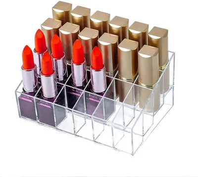 Produktbild von Transparenter Acrylhalter mit 24 Fächern für Lippenstifte, kompakte und transparente Kosmetikpräsentation.