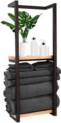Productafbeelding van Ibenzoa® Handdoekhouder met opbergruimte – Wandplank voor de badkamer, zwarte metalen frame met 2 houten planken, ruimtebesparend en stevig