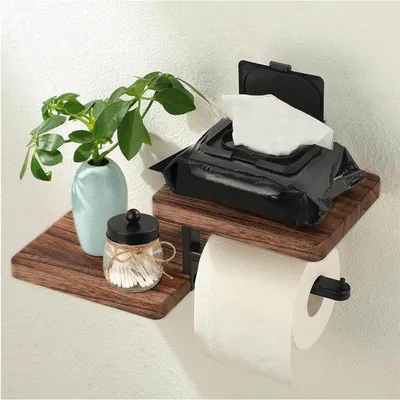 Image de Porte-papier hygiénique en bois noir avec plateau, à fixation murale