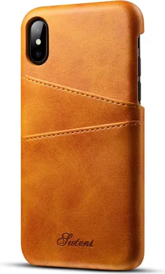 A brown leather iPhone case with card slots.