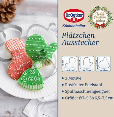 Produktbild von Dr. Oetker Ausstecher-Set Weihnachten, Ausstechformen für Plätzchen, Kekse und Fondant, Plätzchenformen für Weihnachten, Keksausstecher aus Edelstahl (Farbe: Silber), Menge: 1 x 3er Set