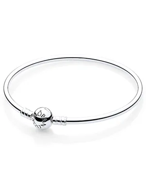 A silver Pandora bracelet with a clasp.