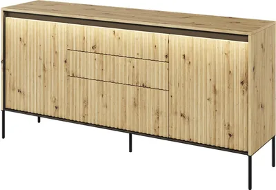 Produktbild von Kommode TREND TR-01 mit 3 Schubladen 2 Türen LED-Beleuchtung Sideboard 166 cm Mehrzweckschrank Anrichte Highboard Push-to-Open Modern Geriffelt (Artisan Eiche)