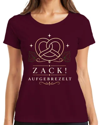Produktbild von Zack Aufgebrezelt Brezel Bayern  Tracht Lederhose Party Damen T-Shirt, Burgundy, M