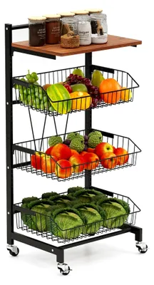 Produktbild von Servierwagen mit Rollen, Gemüseregal mit ausziehbaren Körben und Holzplatte, höhenverstellbar, 4 Etagen, Küchenwagen für Obst und Gemüse, 40x31x88cm