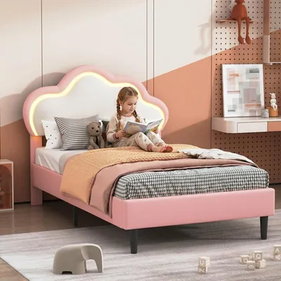 Immagine prodotto di Letto singolo ProximaX 90x200 cm per bambini, in ecopelle rosa, letto imbottito con testiera a forma di nuvola, illuminazione LED RGB, letto per ragazzi