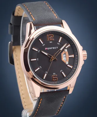 Produktbild von Klassische Herrenuhr Roségold mit schwarzem Lederarmband und Datumsanzeige
