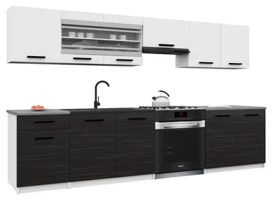 Obrázek produktu pro Belini Moderní kuchyňská linka ITALIA 4 – kuchyňský nábytek 260 cm, bílá a eben – vestavěná kuchyně se závěsnými skříňkami, spodními skříňkami a pracovními deskami