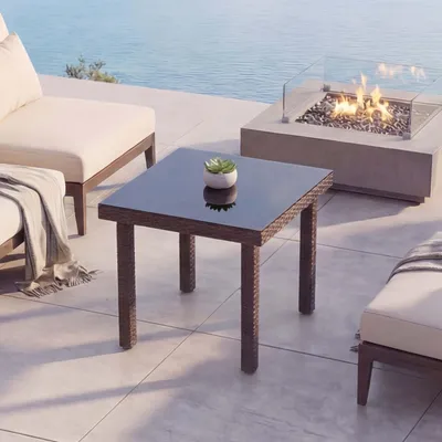 Produktbild von Poly-Rattan Gartentisch Chieti, Esstisch Beistelltisch Tisch mit Glasplatte, 80x80cm braun