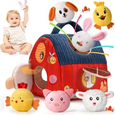 Productafbeelding van Montessori Babyspeelgoed vanaf 6-12 maanden - Zachte boerderijset met 6 dieren - Rammelaar en spiegel - Sensorisch speelgoed