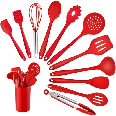Obrázek produktu pro Sada kuchyňských pomůcek, 12 kusů, silikonové kuchyňské náčiní, odolné vůči teplu, s držákem, červené barvy
