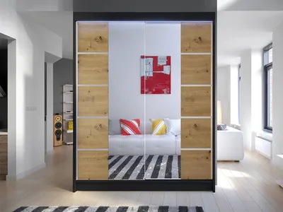 Obrázek produktu pro Zrcadlová šatní skříň 150 cm s LED osvětlením PIRITU 5 - černá / dub artisan