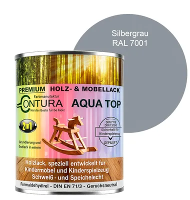 Produktbild von Contura 750ml. Möbellack Lack für Kinderspielzeug Buntlack DIN EN71/3 Buntlack Holzlack - RAL 7001 Silbergrau