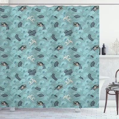 Obrázok produktu pre ABAKUHAUS japonská vlna Sprchový záves, ázijský vzor s motívom drakov a mýtických morských príšer, 175 x 240 cm, biela, tyrkysová a sivá