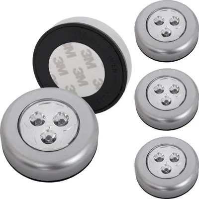 A set of silver LED touch lights with adhesive backing.