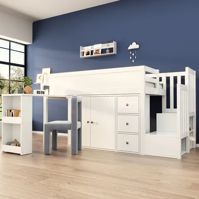 Produktbild von STILVORA Hochbett 90×200cm Jugendbett mit Ausziehbarem Schreibtisch,ohne Matratze,Kindebett mit Treppe und Treppenschrank,Bettgestel mit Seitlichem Ablagefach,Weiß