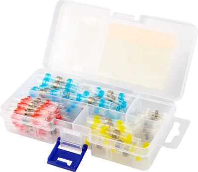 A clear, well-lit studio shot of a transparent plastic organizer box filled with heat shrink tubing connectors, sorted by color.