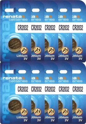 A package of Renata CR2032 lithium coin cell batteries.