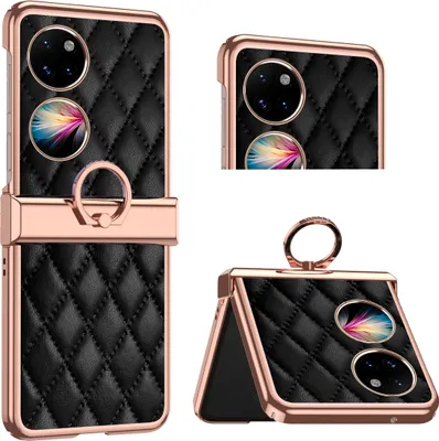 Produktbild von Luxus Leder Muster Galvanik Handyhülle für Huawei P50 Pocket mit Ringhalterung und Scharnierschutz Schwarz