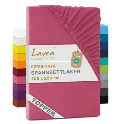 Zdjęcie produktu dla Lavea® Prześcieradło na materac z dodatkową warstwą, 200x220 cm, Maya, 100% bawełna dżersej – Miękkie prześcieradło na materac z dodatkową warstwą do 10 cm – kolor koralowy