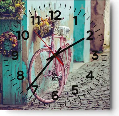 Produktbild von Wanduhr - Quadrat - Glasuhr - Rosa Fahrrad Vintage - 30x30cm - Schleichendes Uhrwerk - Lautlos - zum Aufhängen bereit - Dekoration Modern - Wanddekoration aus Glas - C4AC30x30-4471