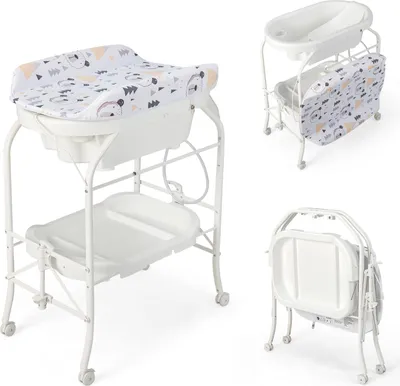 Produktbild von COSTWAY 4 in 1 Wickeltisch bis 35 kg, Wickelkommode mit Badewanne, Wickelauflage & Universalrädern, Wickelstation für 0-12 Monate Baby, Weiß