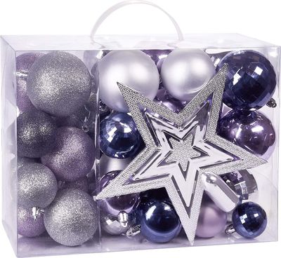 Brubaker 50-teiliges Set Weihnachtskugeln mit Baumspitze - Christbaumschmuck in Lila Silber