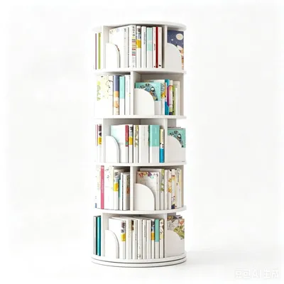Image de Étagère tournante pour livres - 360° - 5 niveaux - Étagère autonome - Rangement d'angle gain de place - Structure en bois - Blanche