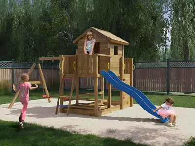 Produktbild von Fungoo Braun Grün Spielturm Mars Stelzenhaus, Kesseldruckimprägniertes Spielhaus mit Doppelschaukel, Kletterwand, Sandkasten, Picknicktisch, Sicherheitspaket, Erweiterbar