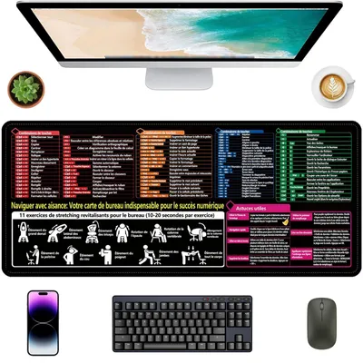 Zdjęcie produktu dla Podkładka pod mysz, podkładka pod mysz do gier, francuskie klawisze skrótów, rozmiar XL (90 x 40 cm), antypoślizgowa i wodoodporna