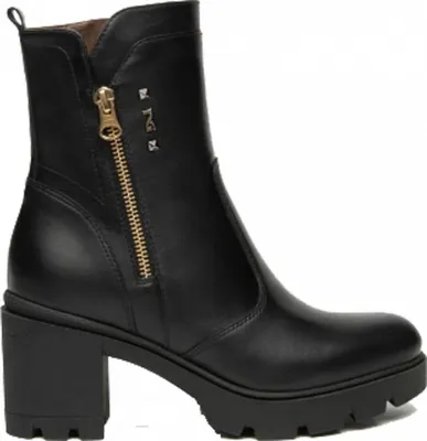 A black leather boot with a gold zipper and a thick sole, shown from the side against a white background.