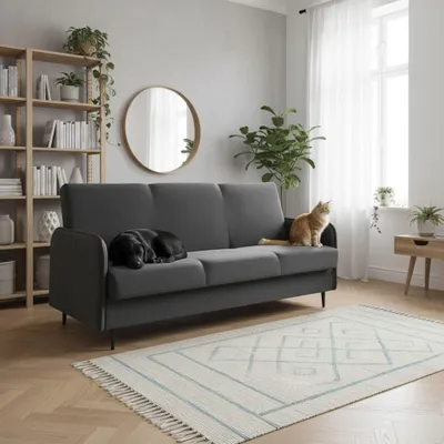 Produktbild von Sofa mit Schlaffunktion - 202x96x89 cm - Dunkelgrau - Schlafsofa - Mit Bettkasten - Tierfreundliches Material - Klappsofa - Skandinavischer Stil