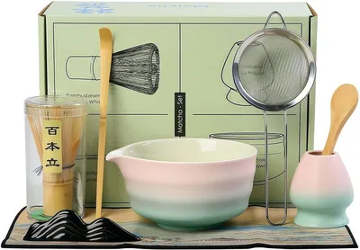 Produktbild von Matcha-Schneebesen-Set, Matcha-Set, Matcha-Schale, Whisk, Schneebesen, Schaufel, Chasen-Halter, Sieb, Premium Japanese Matcha Tea Set - 8-teilig