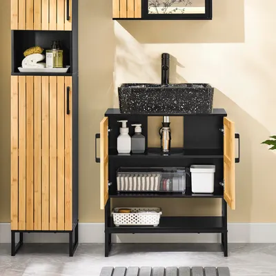 A bathroom vanity and storage cabinet.