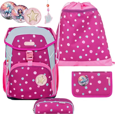 Produktbild von Belmil Maxi ergonomisches Schulranzen-Set 5-teilig "Starry Bubbles" mit Brustgurt und Hüfgurt, Magnetverschluss, Patch Set 3 Stck