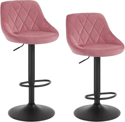 Two pink bar stools with black bases and adjustable height mechanisms are shown against a white background.