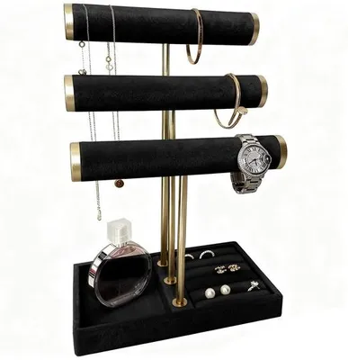 Immagine prodotto di Supporto per gioielli Unyqoos® a 3 livelli – velluto e metallo, porta gioielli salvaspazio per collane, braccialetti, anelli e orecchini
