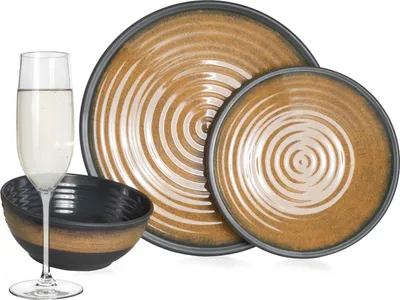 Produktbild von Melamin Camping Geschirr Set 4 Personen Stone Curry + 4 Tiamo Champgner Gläser Flûtes Tafelgeschirr Picknick BBQ Kochgeschirr