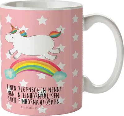 Produktbild von Mr. & Mrs. Panda Kaffeebecher Einhorn Regenbogen - Rot Pastell - Geschenk, Becher, kaffeetasse bedruckt, Unicorn, Teetasse, Glitzer, Einhornpower, Keramiktasse, Tasse