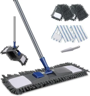Immagine prodotto di Mocio per pavimenti Famanu con manico di 128 cm e 4 tamponi per la pulizia: uno in microfibra e tre in spugna